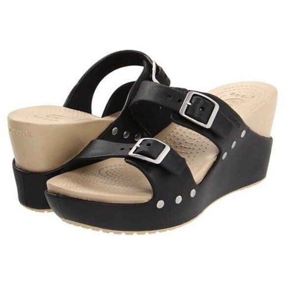 Crocs Women's Brown Cobbler Wedge Platform Double Strap Buckle Comfy Slides 9 - Picture 1 of 7